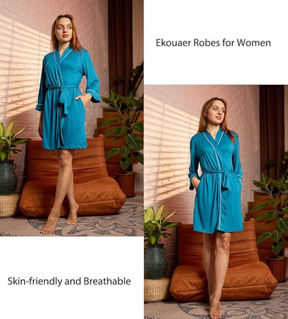 Ekouaer Women Kimono Robes Knee Length Knit Bathrobe Lightweight Soft Sleepwear V-neck Casual Ladies Loungewear