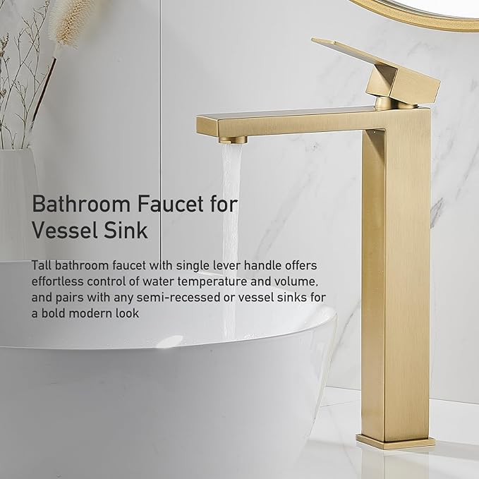 Brushed Gold Vessel Sink Faucet, 1 Hole Single Handle Tall Bathroom Vanity Faucets, Modern Utility Rv Laundry Bath Restroom Mixer Tap with Metal Pop Up Drain and 2 Water Supply Lines
