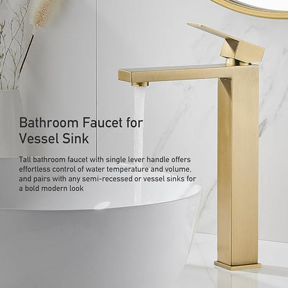Brushed Gold Vessel Sink Faucet, 1 Hole Single Handle Tall Bathroom Vanity Faucets, Modern Utility Rv Laundry Bath Restroom Mixer Tap with Metal Pop Up Drain and 2 Water Supply Lines