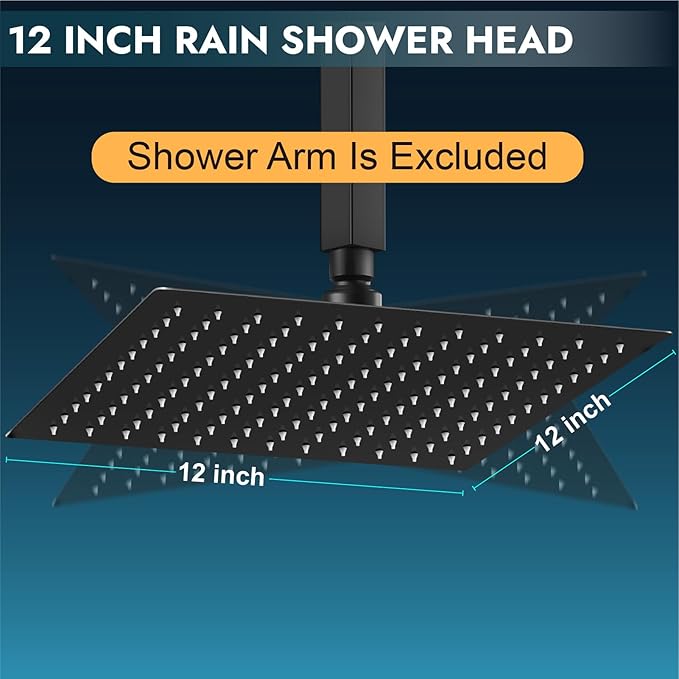 Midanya Square Rain Shower Head,High Pressure,Matte Black 12 Inch | 360°Swivel,Ceiling or Wall Mount,Waterfall Full Body Coverage,Bathroom Remodel,Stainless Steel Large Rainfall Shower Head