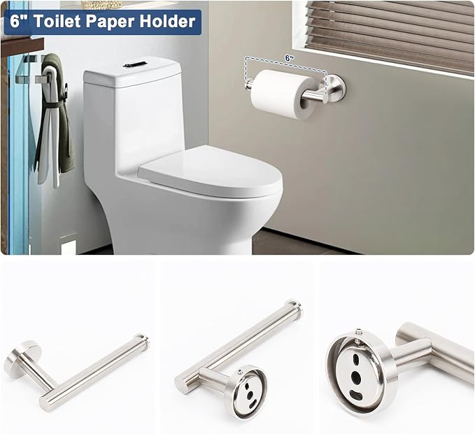 NearMoon 5 Pieces Bathroom Hardware Set SUS304 Thicken Stainless Steel-Towel Rack Kit Include 24" Towel Rod +Bath Towel Ring +Toilet Paper Holder +2 Robe Towel Hooks Bath Accessories (Nickel)