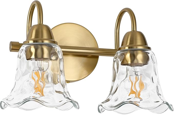 Bathroom Light Fixtures Over Mirror, 2 Lights Vintage Wall Sconces with Hammered Glass Shade, 12.6" Gold Bathroom Wall Light Fixtures for Bedroom, Porch, Hotel, Mirror Cabinet