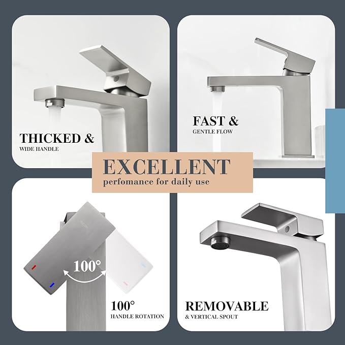 Single Hole Bathroom Faucet, 1-Handle Bathroom Sink Faucet with Pop-Up Drain, Stainless Steel Brushed Nickel for Modern Bath/Vanity