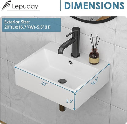 Wall Mounted Bathroom Sink 20"x17" Ceramic Floating Vessel Sink | Wall Hung Ceramic Bathroom Sink White Rectangular Wall Mount Wash Basin Porcelain Lavatory Sink