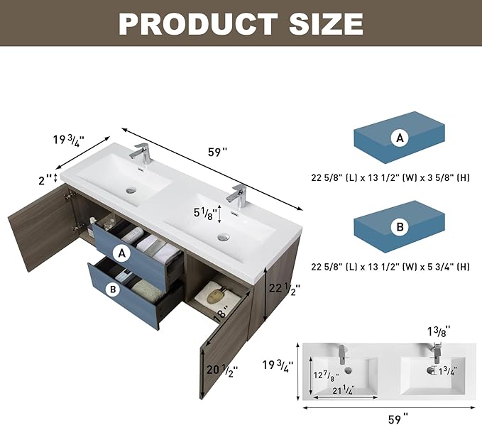 Floating Vanity Bathroom, 60 Inch Bathroom Vanity with Sink, Wall Mounted Double Sink Bathroom Vanity, Soft Closed 2 Drawers, Integrated Sink (Ash Grey)