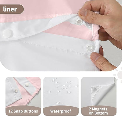 eachope no Hook Shower Curtain and Liner Set，Boho Style with See Through Top Window, Pink Fabric Tufted Striped Textured Outer Curtain & Waterproof Inner Liner, Pink, 71Wx74H