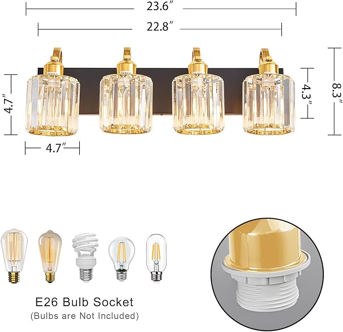 Crystal Vanity Lights for Bathroom, 4 Light Bathroom Vanity Light, Modern Matte Black and Gold Wall Lighting Fixtures with Crystal Round Shade (Exclude Bulb)