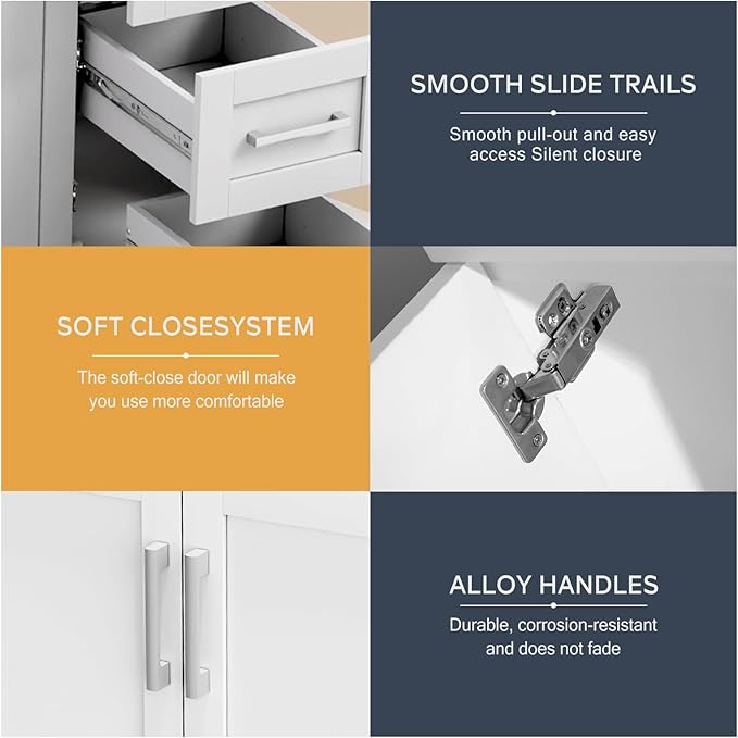 60 Inch Bathroom Vanity Without Sink, Modern Solid Wood Bathroom Storage Vanity with 4 Soft Closing Doors & 3 Full Extension Drawers,Quick Assemble Cabinet in White