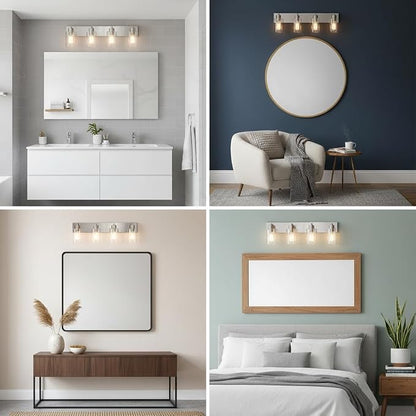 4-Light Bathroom Vanity Light Fixtures, Modern Bathroom Light Fixture with Clear Glass Brushed Nickel Finish Vanity Lights Over Mirror for Kitchen Bedroom Living Room