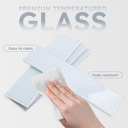 Peel and Stick Glass Subway Tiles, Light Blue, 3x12 Inch, Glass Backsplash for Kitchen Bathroom Wall Tiles, Pack of 20 Pieces