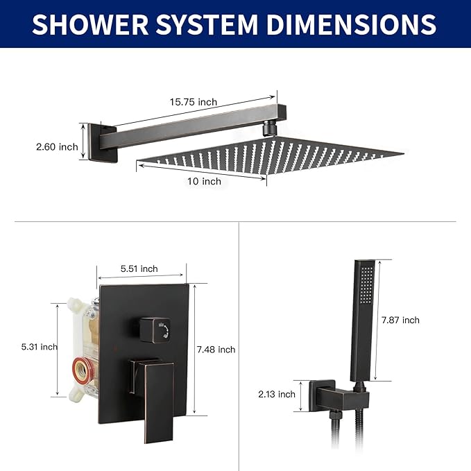 BWE Shower Faucet Oil Rubbed Bronze 12 Inch Square Bathroom Luxury Rain Mixer Shower Combo Set 2-Functions Wall Mounted Rainfall Shower Head System Rough-in Valve Body and Trim Included