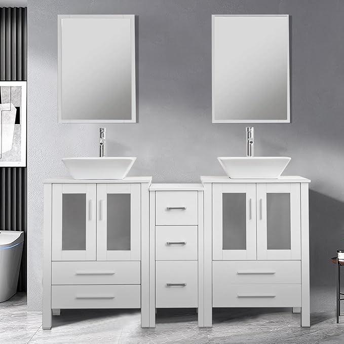 UEV 60" Double Sink Bathroom Vanity, White with Double Side Cabinets & Removable 3 Drawer Storage, Tempered Vessel Sink