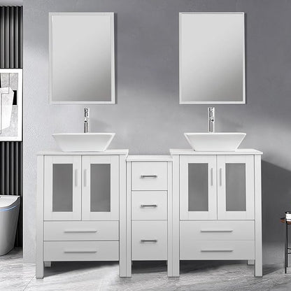 UEV 60" Double Sink Bathroom Vanity, White with Double Side Cabinets & Removable 3 Drawer Storage, Tempered Vessel Sink