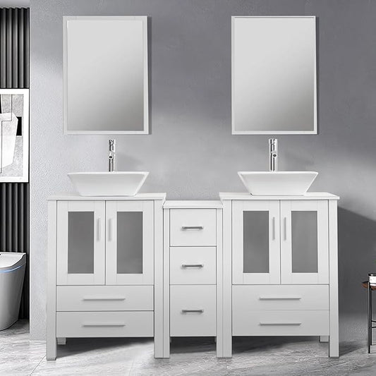 UEV 60" Double Sink Bathroom Vanity, White with Double Side Cabinets & Removable 3 Drawer Storage, Tempered Vessel Sink