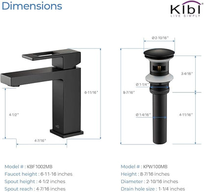 Matte Black Bathroom Sink Faucet - Solid Brass Single Handle with Pop-Up Drain | High Arc Cubic Spout Lavatory Faucet, Corrosion-Resistant, Easy DIY Install (KBF1002)