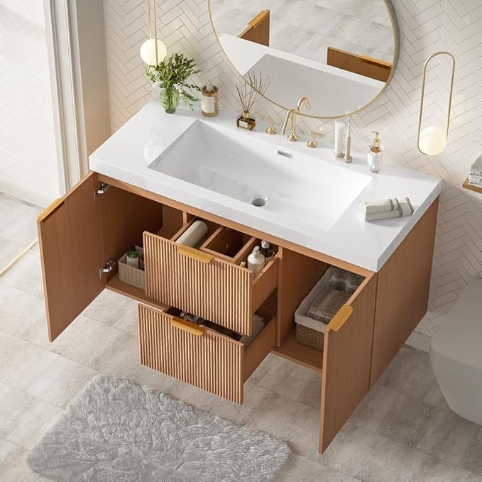 42 Inch Floating Bathroom Vanity with Thick SMC Countertop Single Sink, Wall Mounted Bathroom Vanities Wood Grain Vanity for Bathrooms with 2 Soft-Close Doors 2 Fluted Drawers, Easy Assembly (Wood)