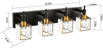 Gold Black Crystal Bathroom Lighting Fixtures, 4 Light Brass Modern Crystal Bathroom Vanity Lights Over Mirror Brass Bath Light
