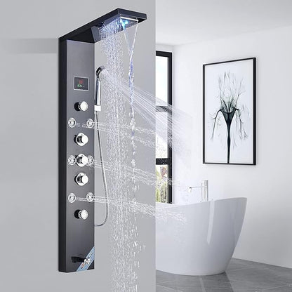 FUZ Contemporary Shower Panel Tower System Stainless Steel 6-Function Faucet LED Rainfall Waterfall Shower Head + Handheld Sprayer + Rain Massage Body Jets + Tub Spout, Black.