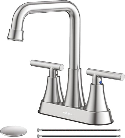 Bathroom Sink Faucet, Hurran 4 inch Brushed Nickel Bathroom Faucets for Sink 3 Hole with Pop-up Drain and Supply Lines, Stainless Steel 2-Handle Centerset Faucet for Vanity RV Restroom
