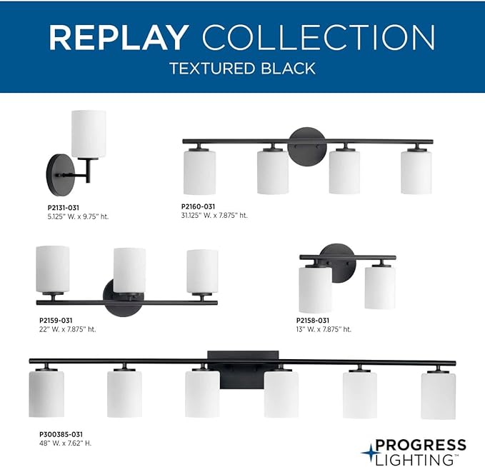 Progress Lighting Replay Collection 1 Light Bathroom Vanity Light, Modern Bath Lighting Fixture with Etched White Glass Shades for Over The Mirror, Reversible Mounting, Textured Black