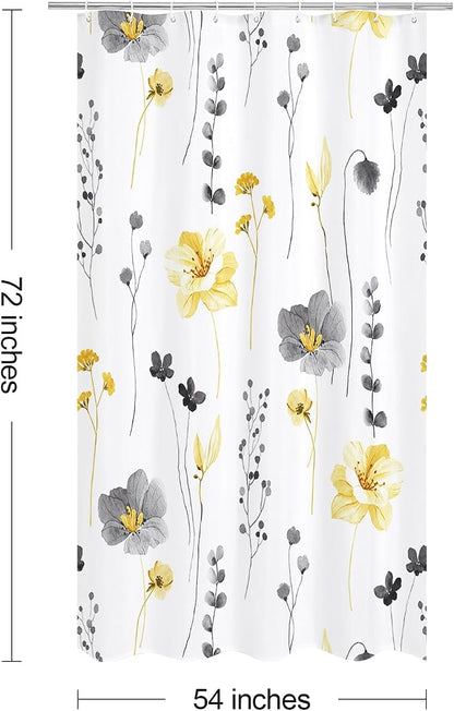 Yellow Beige Watercolor Floral Fabric Shower Curtain, 54x72 | Waterproof Fabric, Modern Minimalist Floral Print, Machine Washable, Rustproof Grommets, for Bathroom Home, Stall