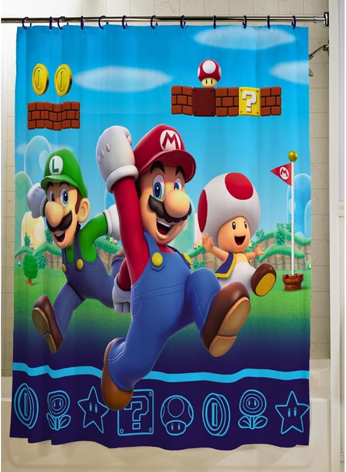 Super Mario 13-Piece Shower Curtain Set, 72 x 72 Inch Fabric Curtain with Hooks, Bathroom Decor, Machine Washable, (100% Officially Licensed Product) by Franco Collectibles