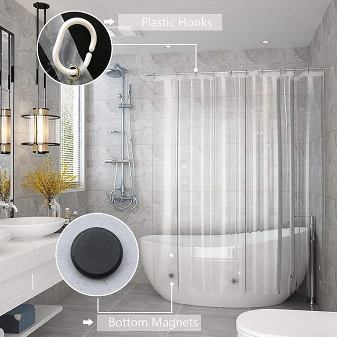 AooHome Standard 72x72 Inches Shower Curtain Liner, Clear Eva 8 Gauge Shower Liner with Hooks, Bottom Magnets, Water Repellent, Heavy Duty, Rust Proof Grommets