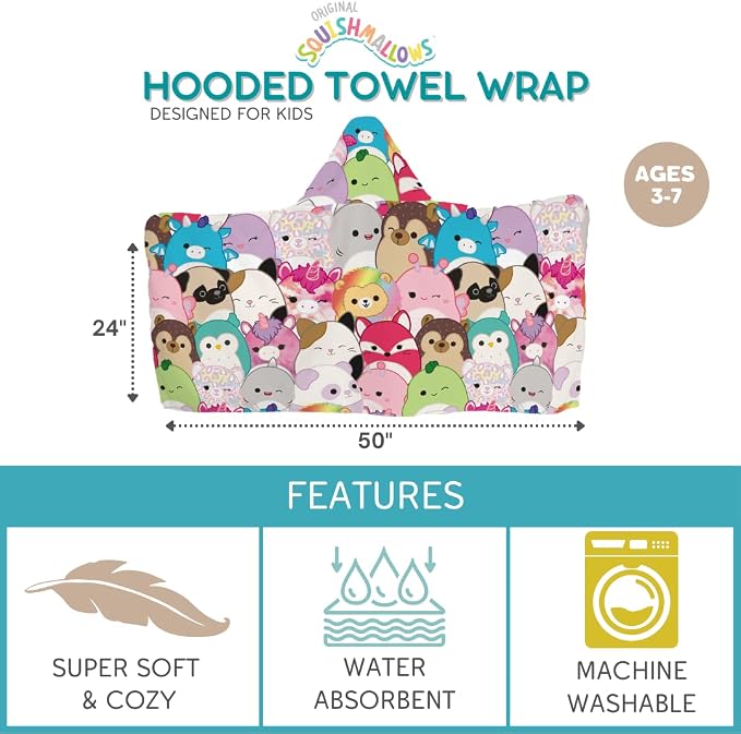 Squishmallows Kids Bath/Pool/Beach Soft Cotton Terry Hooded Towel Wrap, 24 in x 50 in, By Franco