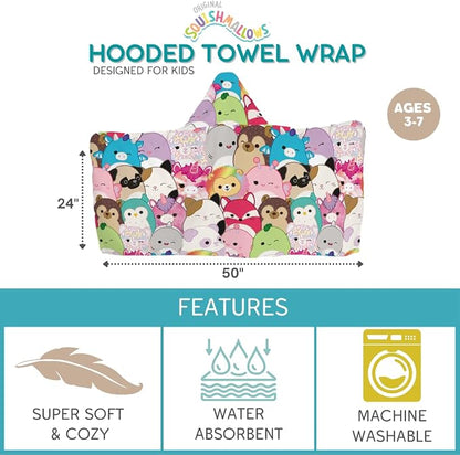 Squishmallows Kids Bath/Pool/Beach Soft Cotton Terry Hooded Towel Wrap, 24 in x 50 in, By Franco