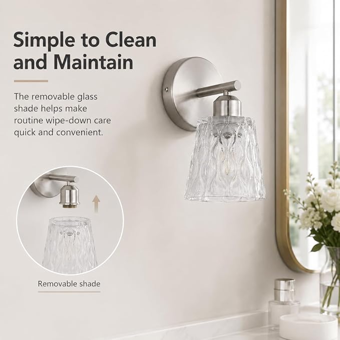 Brushed Nickel Bathroom Light Fixture, 1-Light Modern Vanity Wall Sconce with Textured Glass Shade, Stainless Steel Construction, E26 Socket (Bulb Not Included)