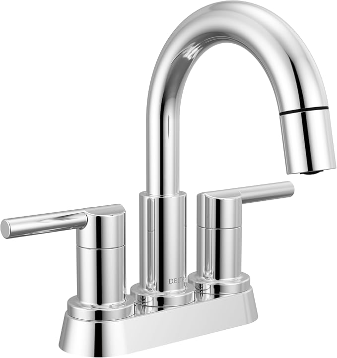 Delta Nicoli Centerset Chrome Bathroom Faucet with Sprayer, 4 Inch 3 Hole Bathroom Sink Faucet with Pull Out Sprayer, Push-Pop Drain, Chrome 25749LF-PD