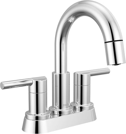 Delta Nicoli Centerset Chrome Bathroom Faucet with Sprayer, 4 Inch 3 Hole Bathroom Sink Faucet with Pull Out Sprayer, Push-Pop Drain, Chrome 25749LF-PD