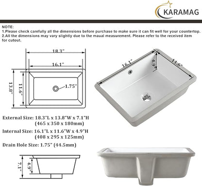 18 Inch Undermount Bathroom Sink Small Rectangle Undermount Sink White Ceramic Under Counter Bathroom Sinks with Overflow (18.3"x13.8")