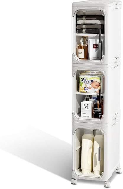 JOYZAN Narrow Bathroom Storage Cabinet with Movable Wheels, Slim Storage Cabinet with 3 Doors & Removable Panel, Skinny Bathroom Organizers and Storage for Small Space, Corner, Kitchen, Laundry