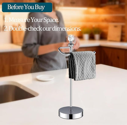 ROLABAM Heavy Weighted Hand Towel Holder (with Crystal Ball) Standing Hand Towel Holder Total Height 16.54'' for Kitchen, Bathroom, Vanity, Classic Decorative Metal Hand Towel Stand, Polished Chrome