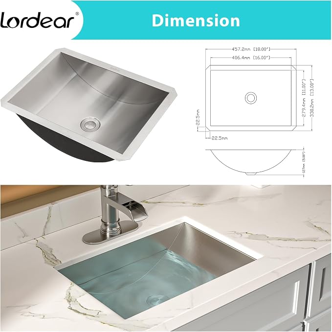Lordear Undermount Bathroom Sink Stainless Steel - Lordear 18x13x5 Inch Vanity Bathroom Sinks Rectangle Under Couter Stainless Steel Lavatory Sink Basin with Drain
