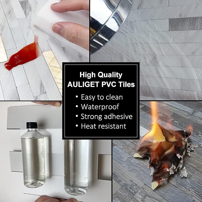 AULIGET Faux White Stone Peel and Stick Backsplash, 2 PVC Mixed Metal Wall Tiles Stick on Backsplash