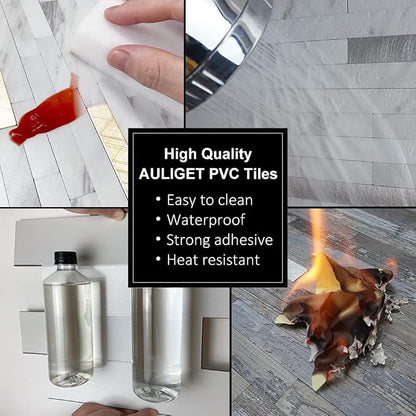 AULIGET Faux White Stone Peel and Stick Backsplash, 2 PVC Mixed Metal Wall Tiles Stick on Backsplash
