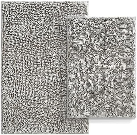 Bathroom Rugs Set 2 Piece Bath Mats Non Slip for Bathrooms, Thick Soft Chenille Rug Set, Bathtub Mats, Ultra Absorbent Bath Carpet, Shaggy Floor Mat, Ashy Grey, 20"x32" & 16"x24"