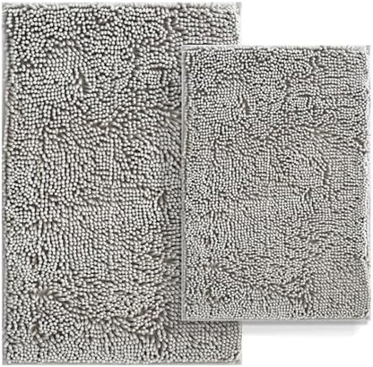 Bathroom Rugs Set 2 Piece Bath Mats Non Slip for Bathrooms, Thick Soft Chenille Rug Set, Bathtub Mats, Ultra Absorbent Bath Carpet, Shaggy Floor Mat, Ashy Grey, 20"x32" & 16"x24"