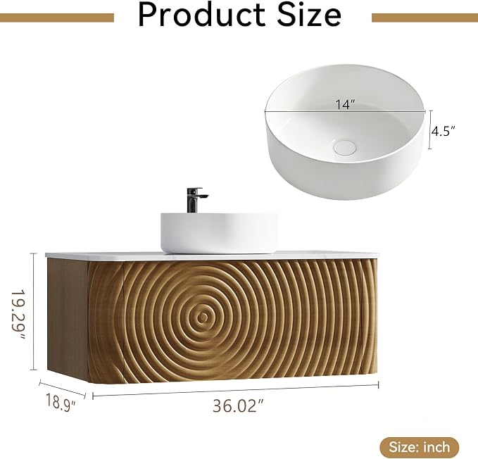 36" Floating Bathroom Vanity with Sink, Mid-Century Wall Mounted Bathroom Vanity Cabinet with Waved Decor, Ceramic Vessel Basin, Sintered Stone Top, Soft Close Storage Drawer, Natural