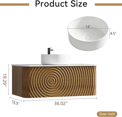 36" Floating Bathroom Vanity with Sink, Mid-Century Wall Mounted Bathroom Vanity Cabinet with Waved Decor, Ceramic Vessel Basin, Sintered Stone Top, Soft Close Storage Drawer, Natural