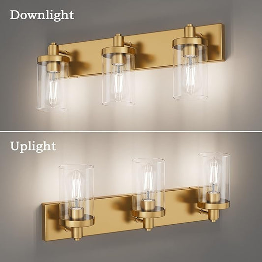 Aipsun Gold Vanity Light 3 Lights Bathroom Vanity Lighting Fixtures Over Mirror Bathroom Wall Light with Clear Glass Shade(Exclude Bulb)