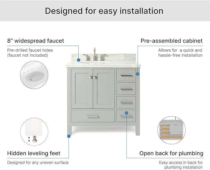 ARIEL Cambridge 36-inch Bathroom Vanity with Sink,Solid Wood, 1.5-inch Italian Carrara Marble Countertop & Backsplash, Single Oval Porcelain Sink, 2 Soft Closing Doors, 5 Dovetail Drawers, Grey