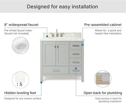 ARIEL Cambridge 36-inch Bathroom Vanity with Sink,Solid Wood, 1.5-inch Italian Carrara Marble Countertop & Backsplash, Single Oval Porcelain Sink, 2 Soft Closing Doors, 5 Dovetail Drawers, Grey