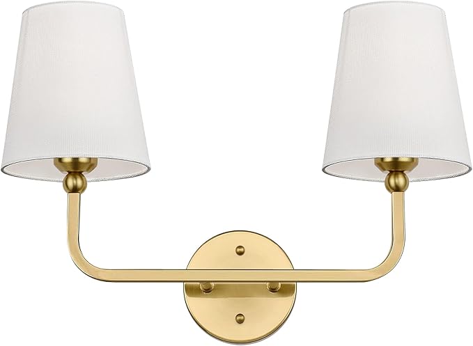 Bathroom Light Fixtures, 2-Light Brushed Gold Vanity Lights, Bathroom Lighting Fixtures Over Mirror with Flared White Fabric Shade, Modern Wall Sconces for Living Room Hallway
