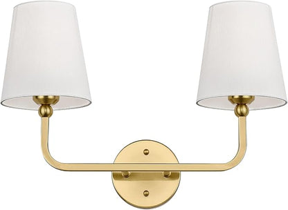 Bathroom Light Fixtures, 2-Light Brushed Gold Vanity Lights, Bathroom Lighting Fixtures Over Mirror with Flared White Fabric Shade, Modern Wall Sconces for Living Room Hallway