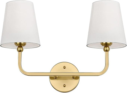 Bathroom Light Fixtures, 2-Light Brushed Gold Vanity Lights, Bathroom Lighting Fixtures Over Mirror with Flared White Fabric Shade, Modern Wall Sconces for Living Room Hallway