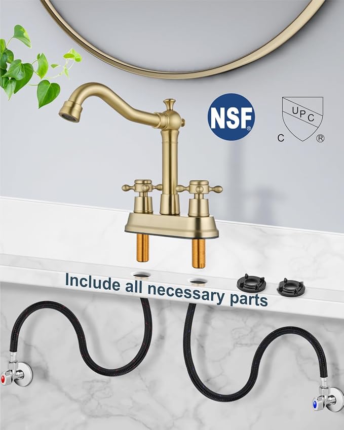 4 Inch Centerset Bathroom Sink Faucet 2 Handle Brushed Gold | Swivel Spout,Pop Up Drain,cUPC Hose,for 2 or 3 Hole Sink,Lavatory,Vintage,Farmhouse,RV,SUS304 Mixer Tap,Metal Cross Handle