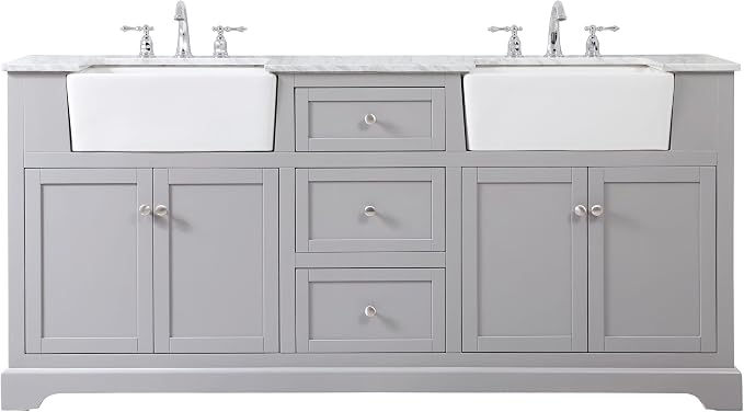 72" Pre-Assembled Bathroom Vanity with Sink, Solid Birch and MDF, Carrara White Marble Countertop Attached, Double Rectangle Porcelain Sink, 3 Soft-Close Drawers, Grey